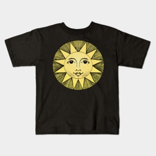 celestial yellow sun with face line drawing vintage black Kids T-Shirt